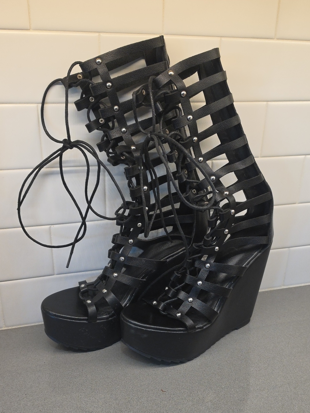 Black Lace-Up Gladiator Wedge Sandals